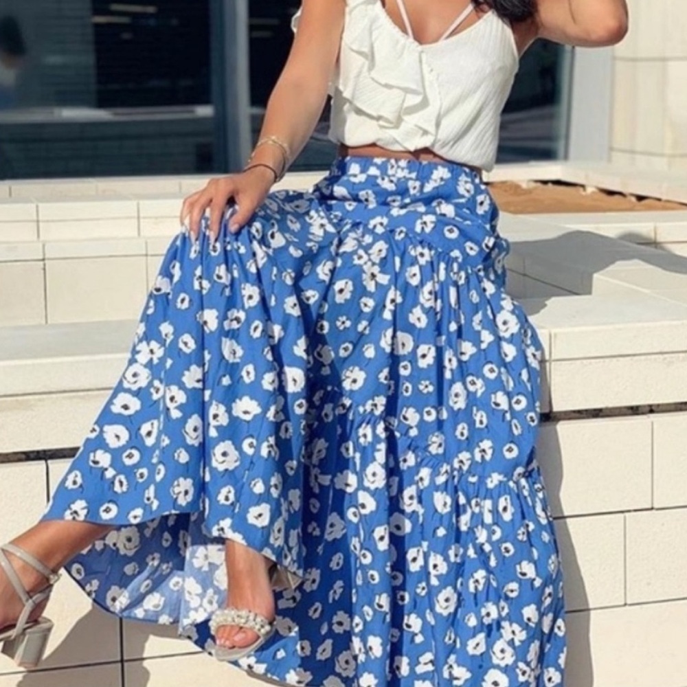 Zara 100% cotton Floral Blue Maxi Skirt sz XS/S nwot, 004 - Picture 5 of 7